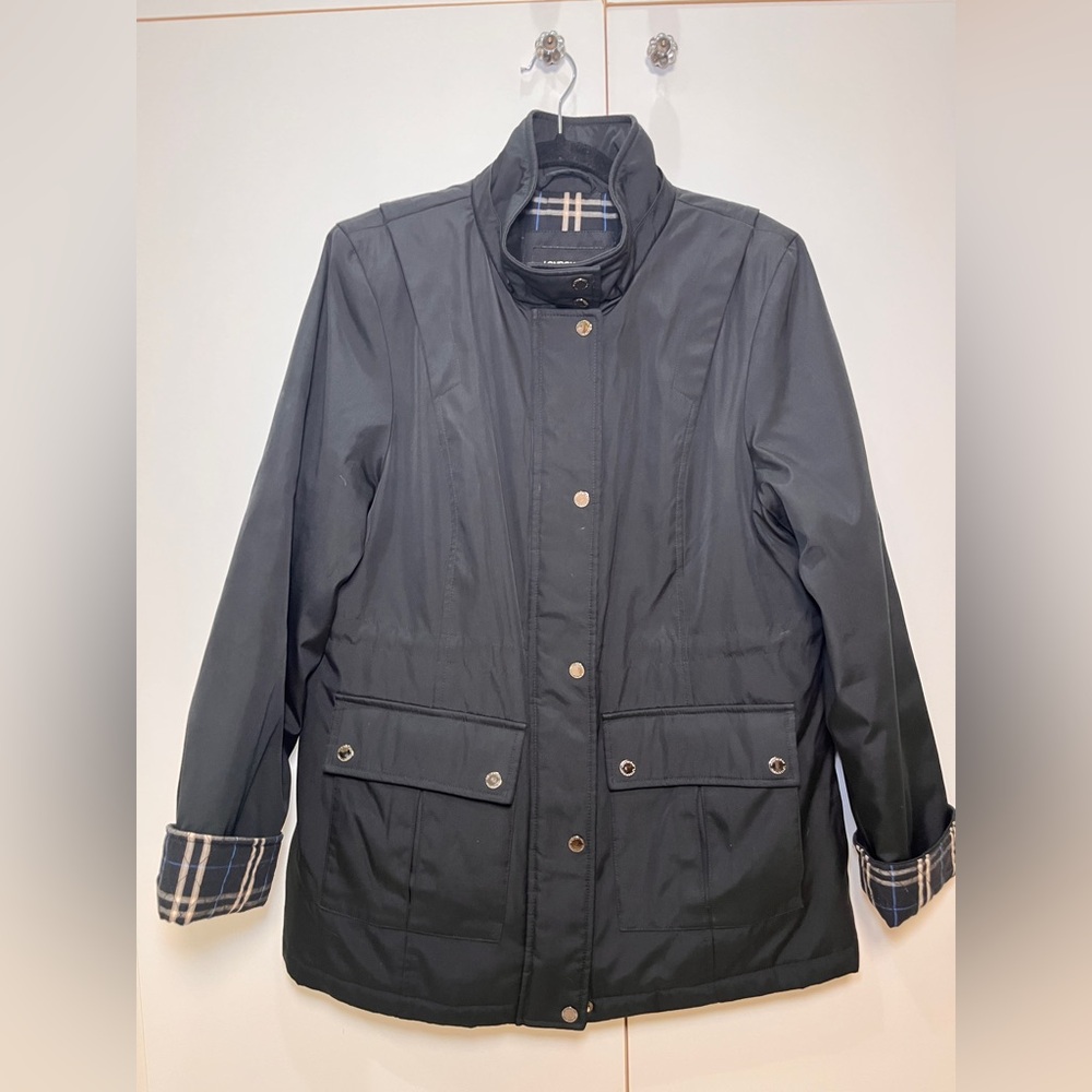 London Fog Black Utility Jacket with Plaid Accents